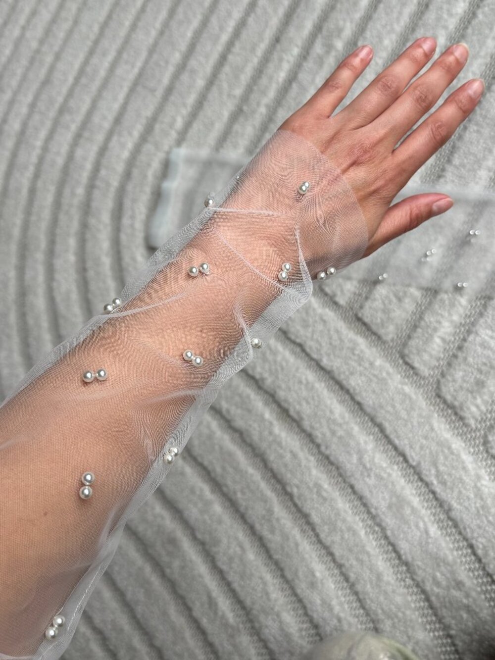 Sheer White Fingerless Pearl Embellished Bridal Gloves